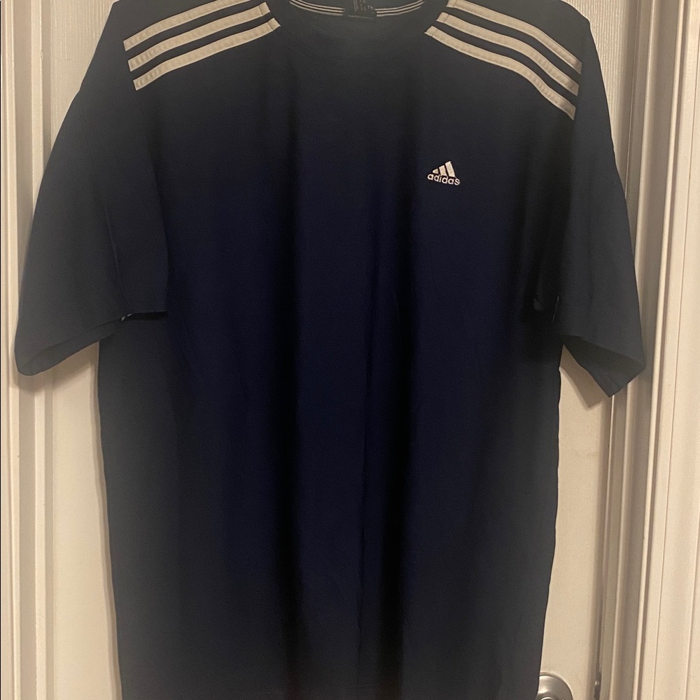 Adidas Navy Crewneck Short Sleeve Shirt with White Stripe Accents